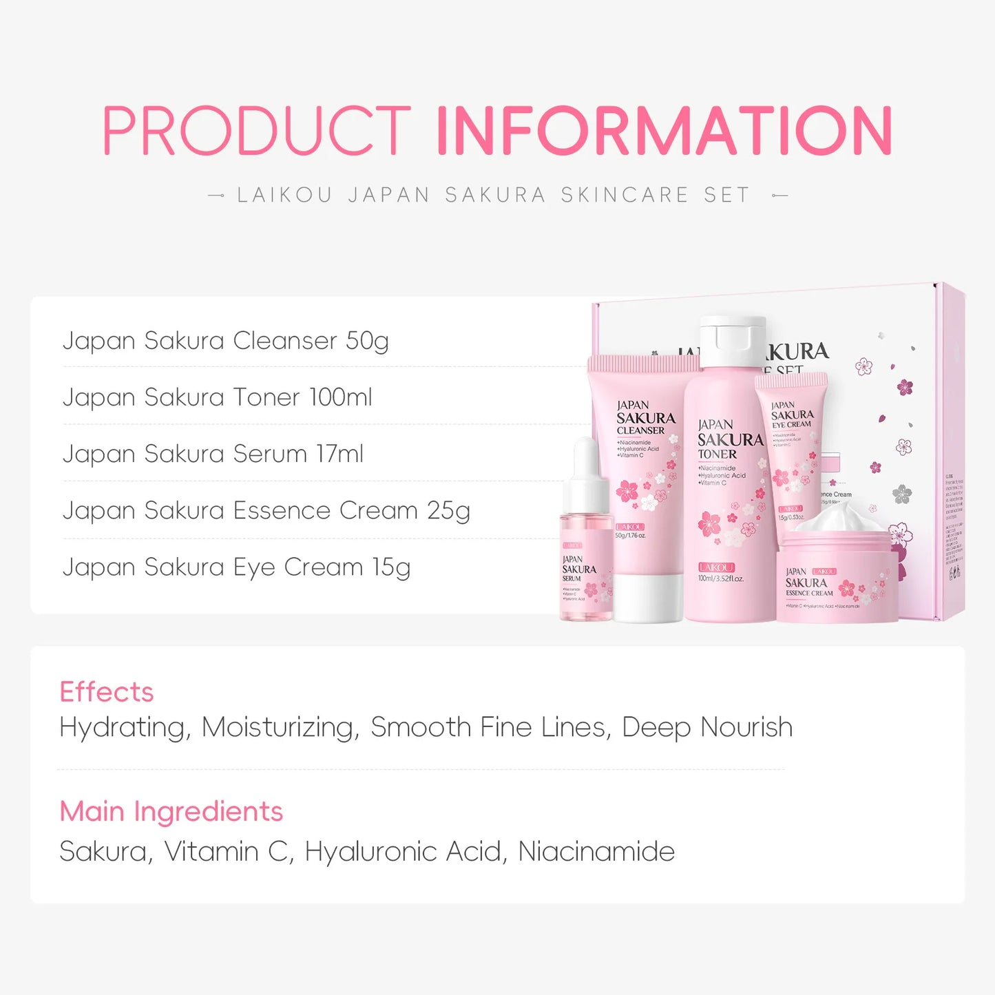 LAIKOU Sakura 5-Piece Korean Skincare Gift Set — Moisturising & Pore-Refining