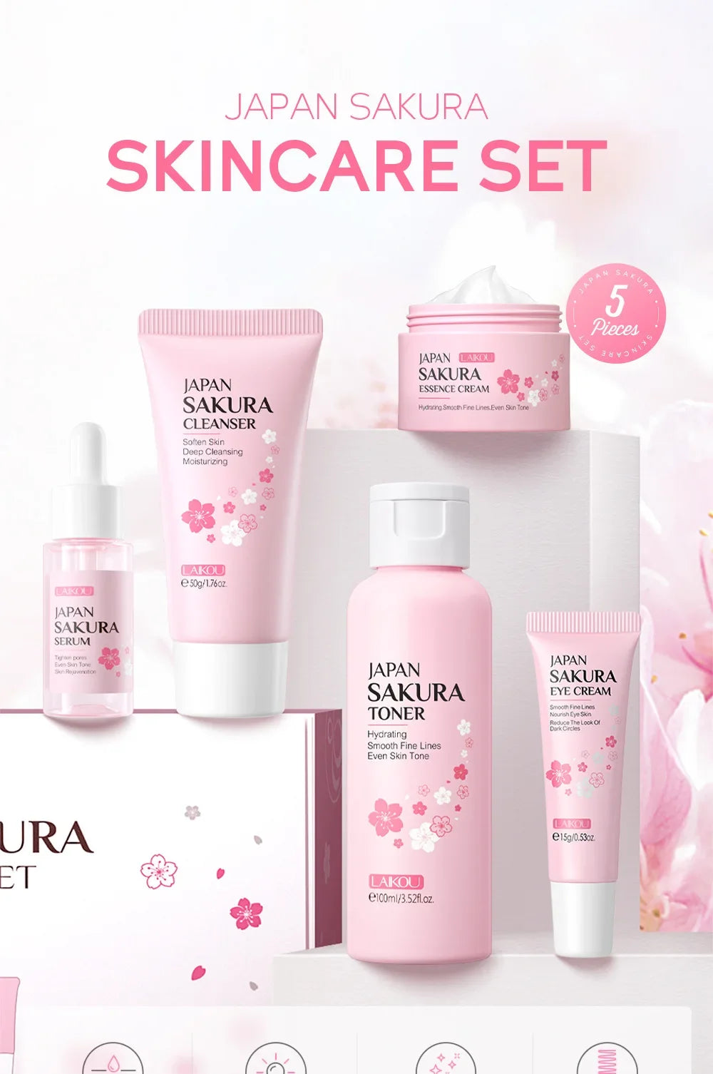LAIKOU Sakura 5-Piece Korean Skincare Gift Set — Moisturising & Pore-Refining
