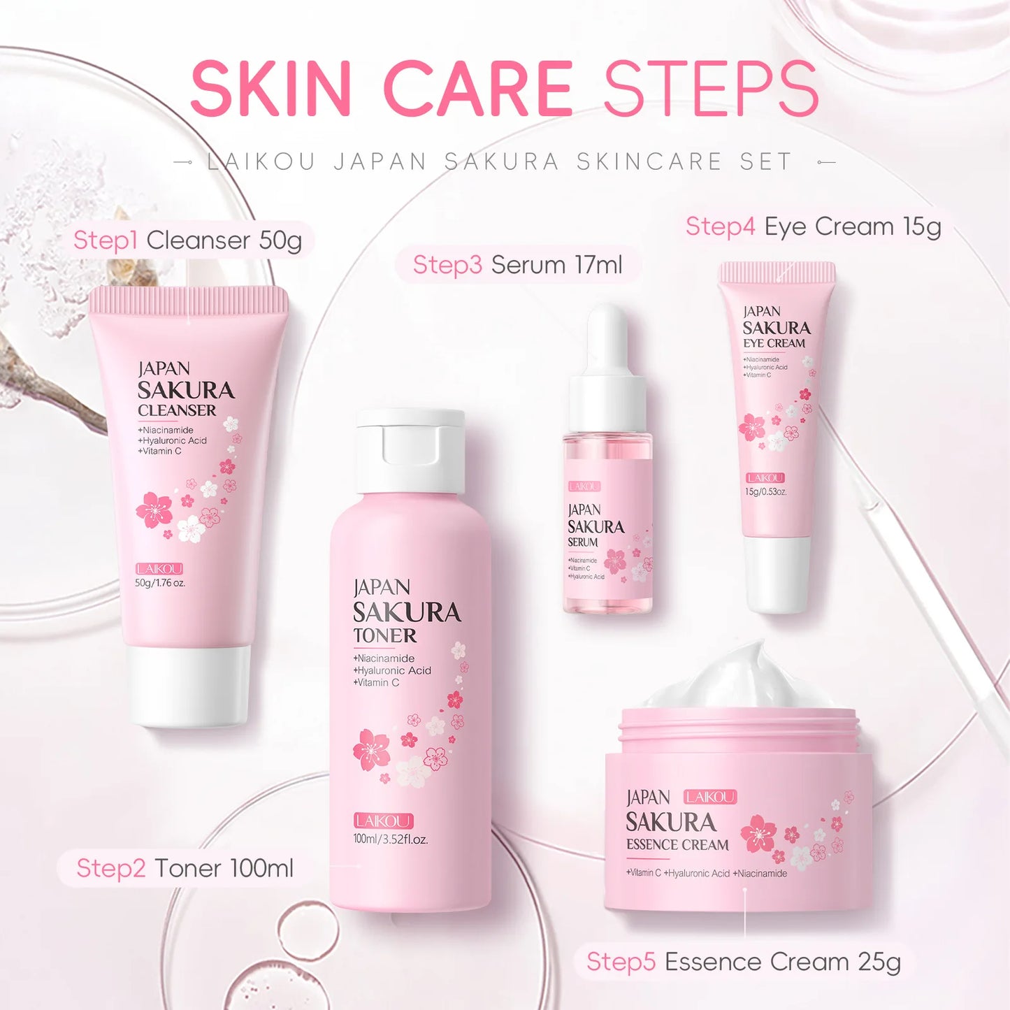 LAIKOU Sakura 5-Piece Korean Skincare Gift Set — Moisturising & Pore-Refining